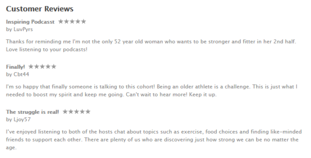 Some of the recent reviews on iTunes from our Becoming Elli Fit Strong Women Over 50 podcast.