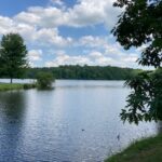 Staying cool by walking around a lake in the shade